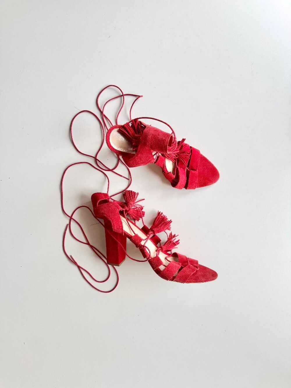 LOEFFLER RANDALL Luz Red Suede Leather Lace-Up Tassel Tie Block Heels, Size 10